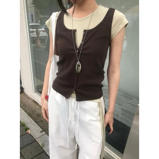 Seoulchic-Sleeveless Plain Button-Up Tank Top