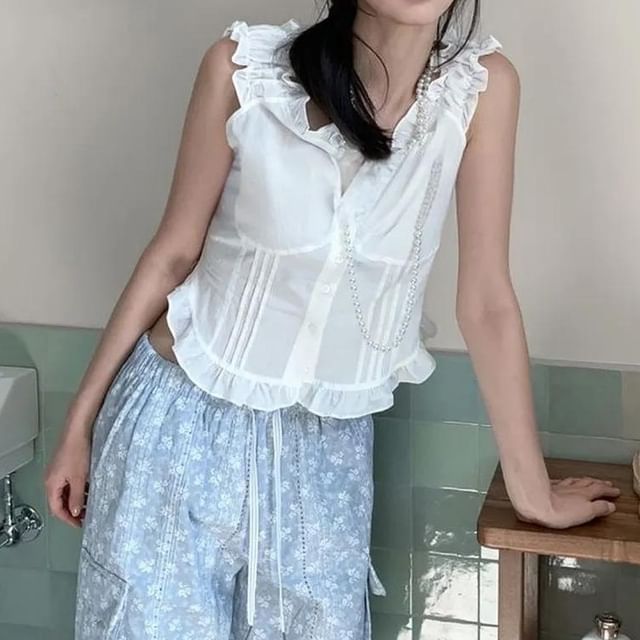 Seoulchic-Sleeveless Plain Ruffle Trim Blouse