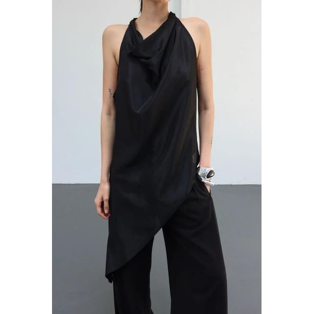 Seoulchic-Sleeveless Plain Sheer Asymmetrical Hem Halter Top