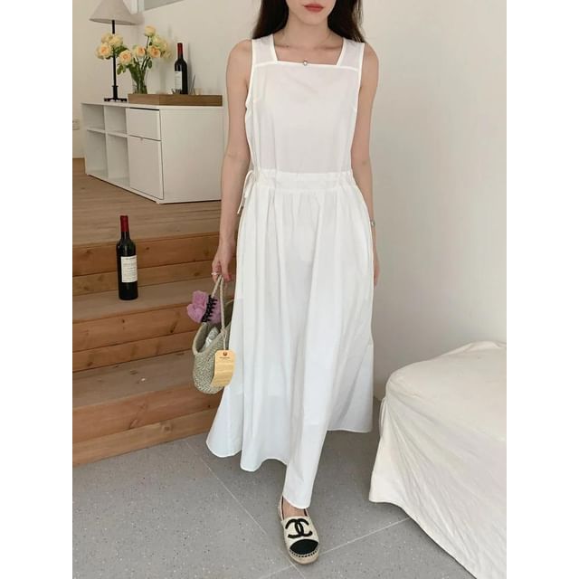 Seoulchic-Sleeveless Square-Neck Plain Drawstring A-Line Maxi Dress