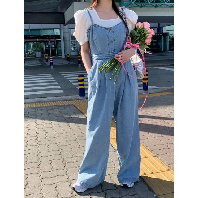 Seoulchic-Spaghetti Strap Denim Overalls Pants