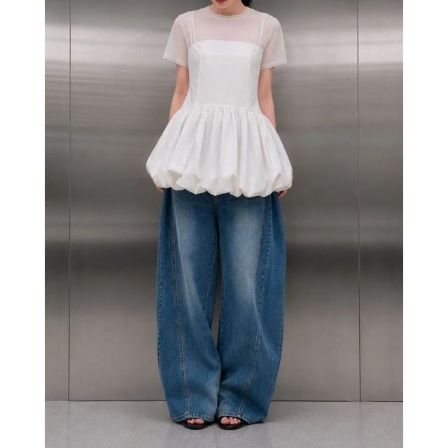 Seoulchic-Spaghetti Strap Plain Balloon Hem Mini Dress