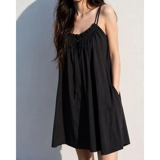 Seoulchic-Spaghetti Strap Plain Drawstring A-Line Mini Dress