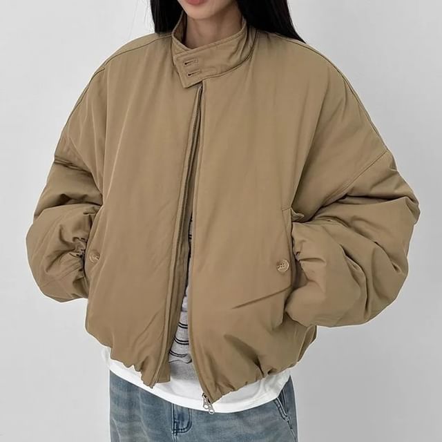 Seoulchic-Stand Collar Plain Zip Puffer Jacket