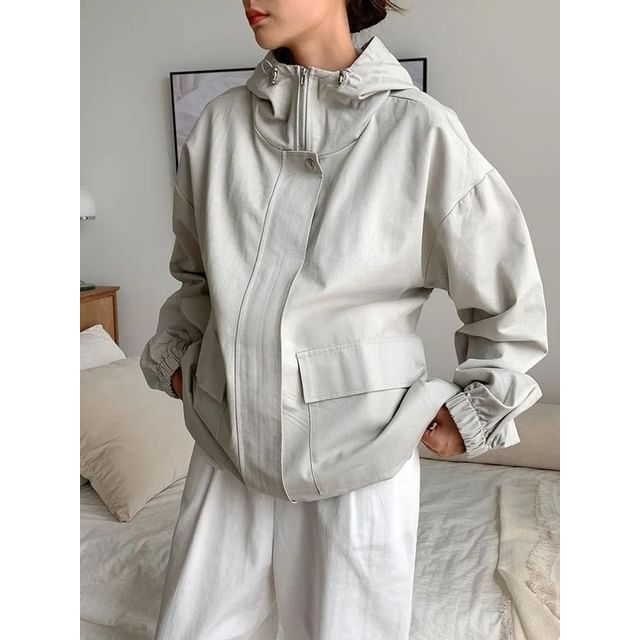 Seoulium-Long-Sleeve Plain Drawstring Hooded Jacket