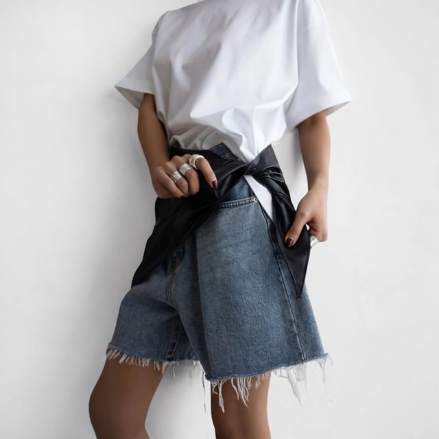 SeoulMall-Plain Faux Leather Decorative Hem