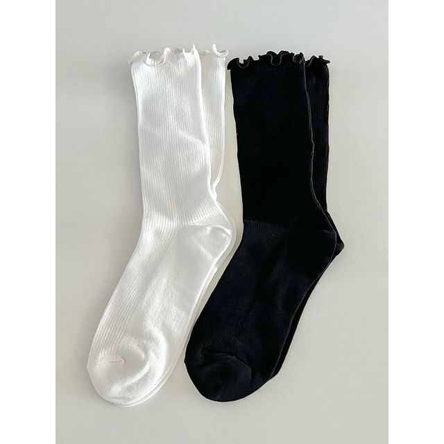 SeoulMall-Plain Ruffle-Trim Socks