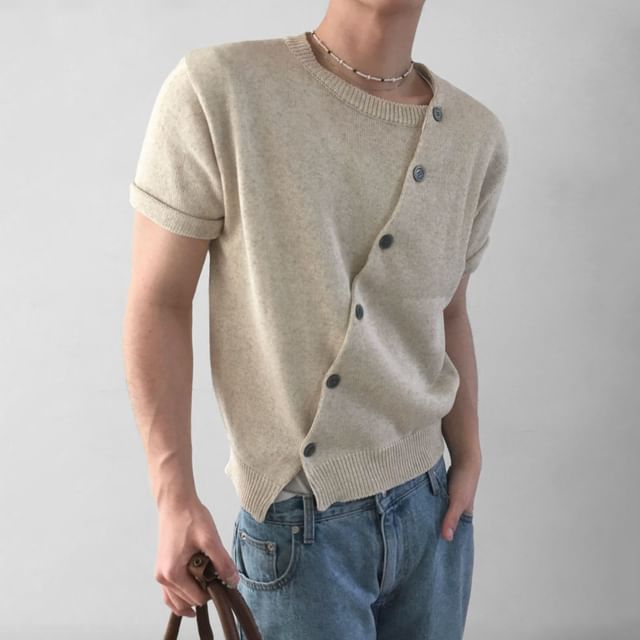 SeoulPop-Asymmetric Diagonal Button-Down Knit Top