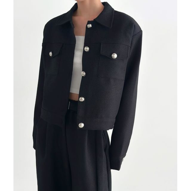 SeoulPop-Button-Up Crop Tweed Jacket