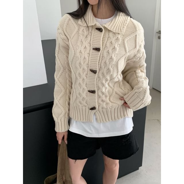 SeoulPop-Cable-Knit Lapel Toggle Cardigan