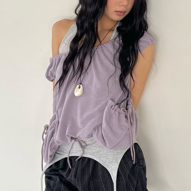 SeoulPop-Cold-Shoulder Layered Drawstring Garter Top