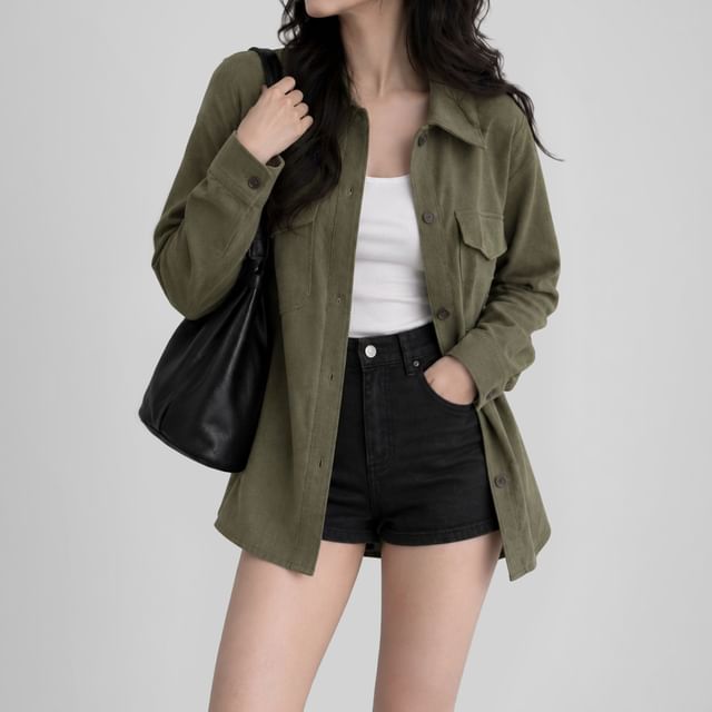SeoulPop-Collared Chest Pocket Button-Up Plain Barn Jacket