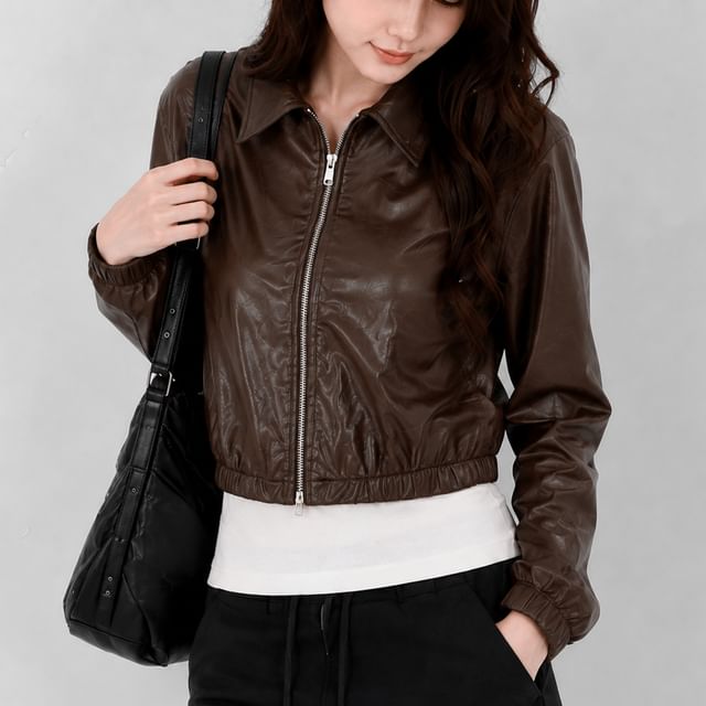 SeoulPop-Collared Plain Faux Leather Crop Zip Jacket