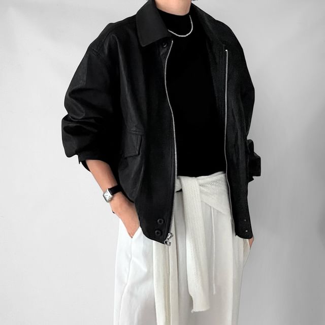 SeoulPop-Collared Zip-Up Plain Barn Jacket