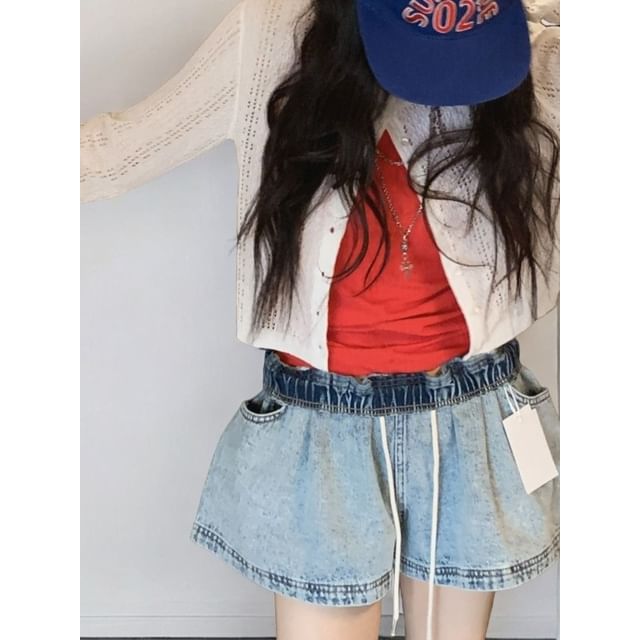SeoulPop-Drawstring Waist Denim Shorts