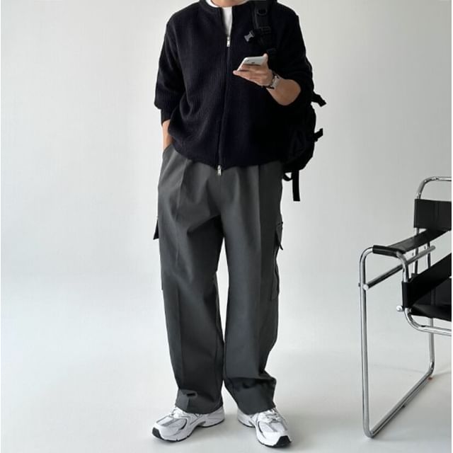 SeoulPop-Drawstring Waist Plain Cargo Pants