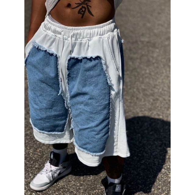 SeoulPop-Elastic Waist Denim Patchwork Sweatpants