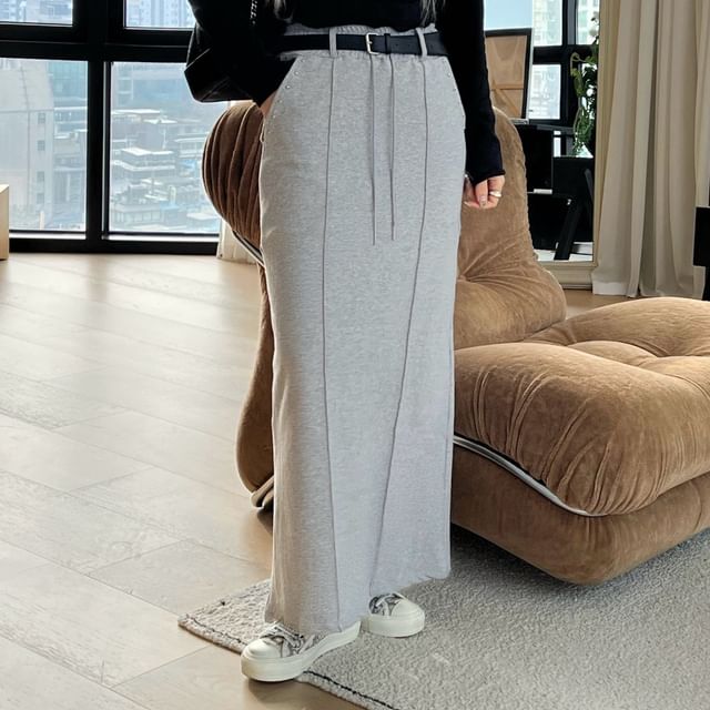 SeoulPop-Elastic-Waist Drawstring Plain Shift Skirt