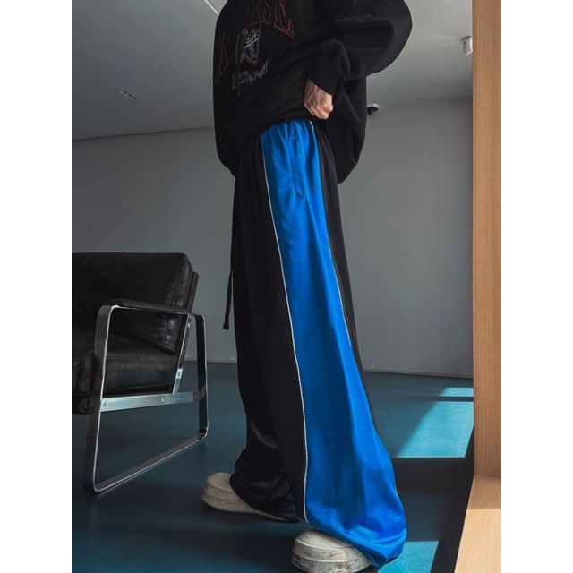 SeoulPop-Elastic Waist Two-Tone Drawstring Sweatpants