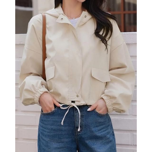 SeoulPop-F - Long-Sleeve Drawstring Plain Windbreaker Jacket