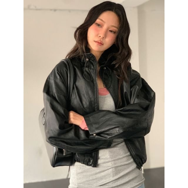 SeoulPop-Faux Leather Plain Drawstring Cropped Zip Jacket