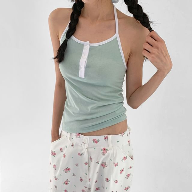 SeoulPop-Halter Henley Two Tone Top