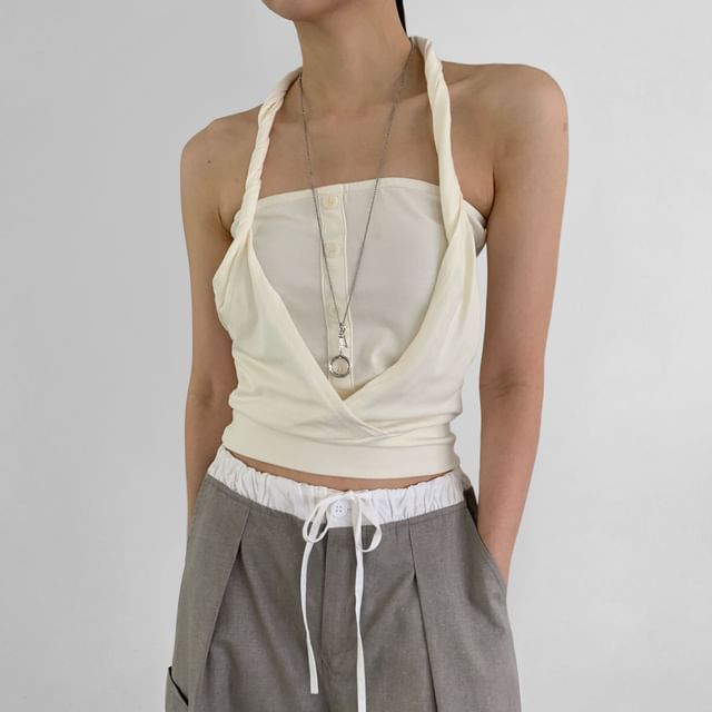 SeoulPop-Halter Neck Plain Crop Top