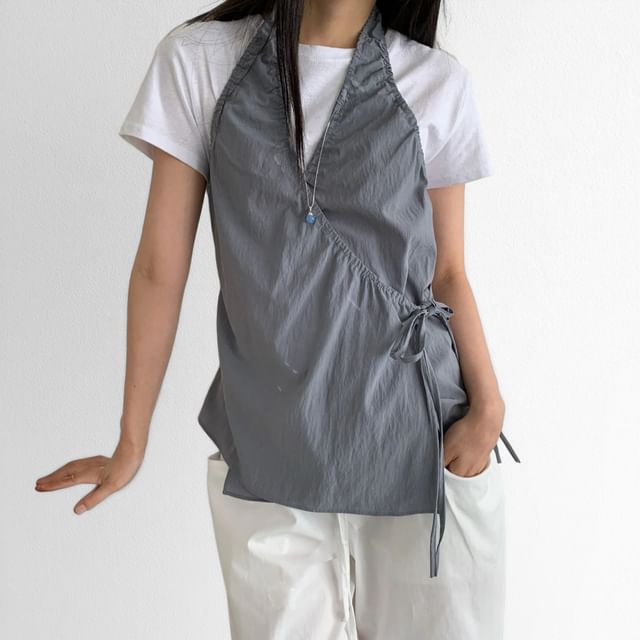 SeoulPop-Halter V-Neck Plain Backless Wrap Top
