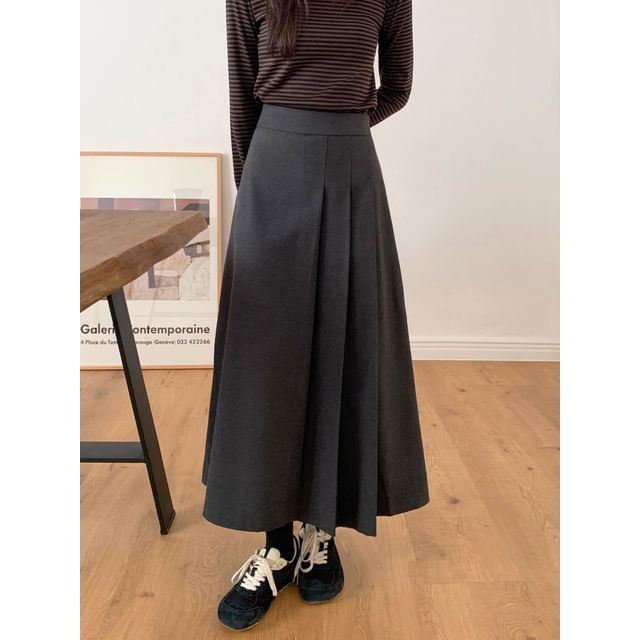 SeoulPop-High-Waist Pleated Midi Skirt