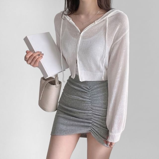 SeoulPop-Hooded Plain Knit Zip Light Jacket