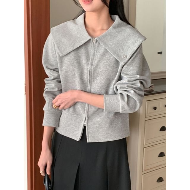 SeoulPop-Lapel Plain Cropped Zip Jacket