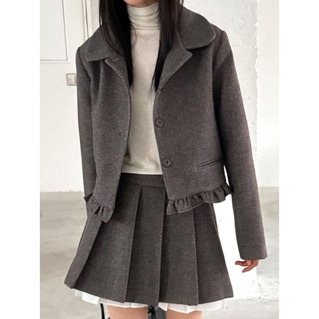 SeoulPop-Long-Sleeve Button-Up Ruffle-Trim Lapel Jacket
