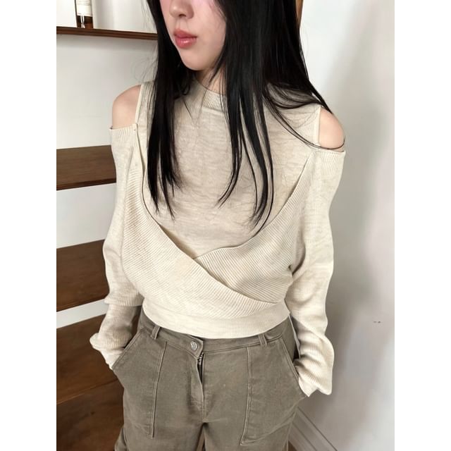 SeoulPop-Long-Sleeve Cold-Shoulder Round Neck Plain Layered Knit Top