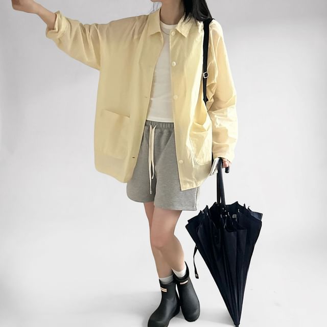 SeoulPop-Long-Sleeve Collared Plain Button Up Shirt Jacket