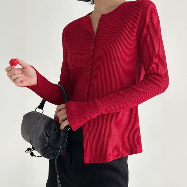 SeoulPop-Long-Sleeve Plain Button Cardigan