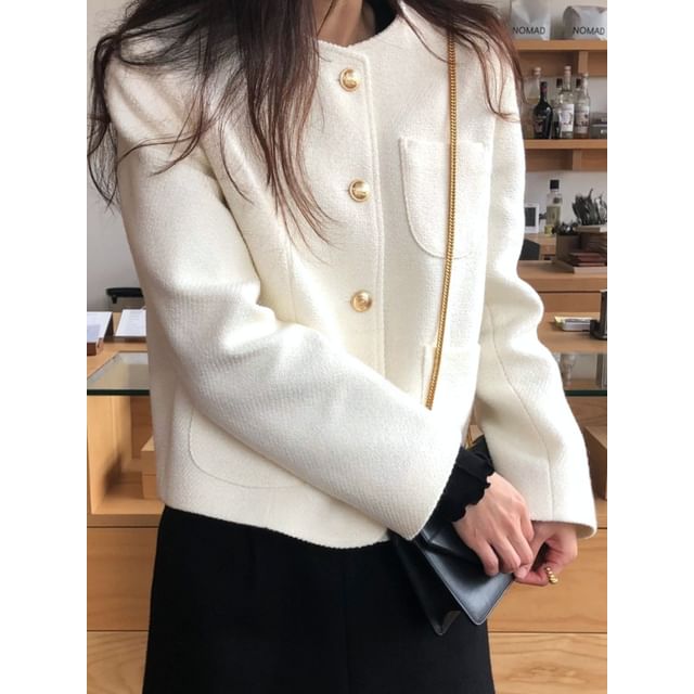 SeoulPop-Long-Sleeve Plain Button-Up Tweed Jacket