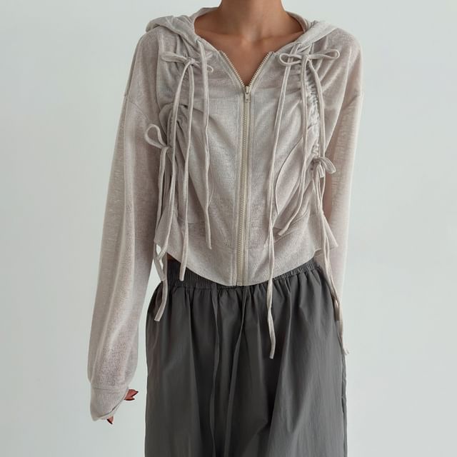 SeoulPop-Long-Sleeve Plain Drawstring Cropped Hooded Jacket