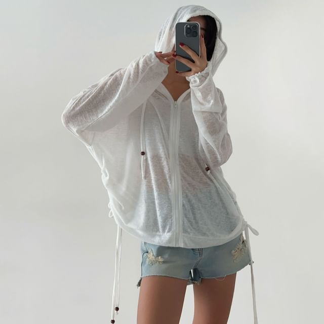 SeoulPop-Long-Sleeve Plain Drawstring Hooded Jacket
