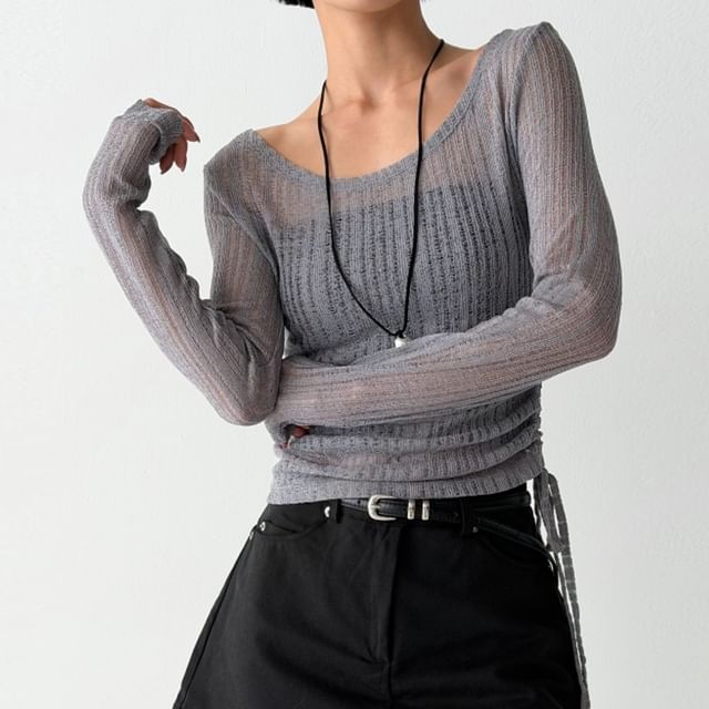 SeoulPop-Long-Sleeve Plain Drawstring Knit Top
