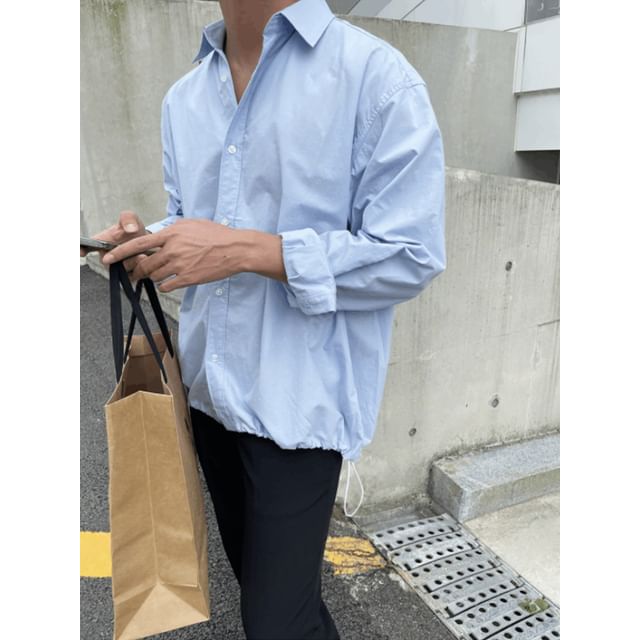 SeoulPop-Long-Sleeve Plain Drawstring Shirt
