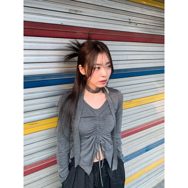 SeoulPop-Long-Sleeve Plain Drawstring Top With Sash