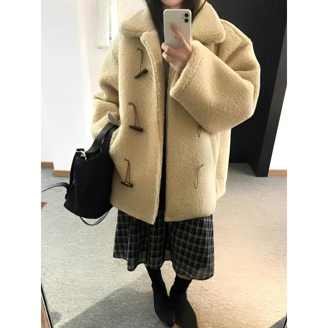 SeoulPop-Long-Sleeve Plain Fluffy Toggle Coat