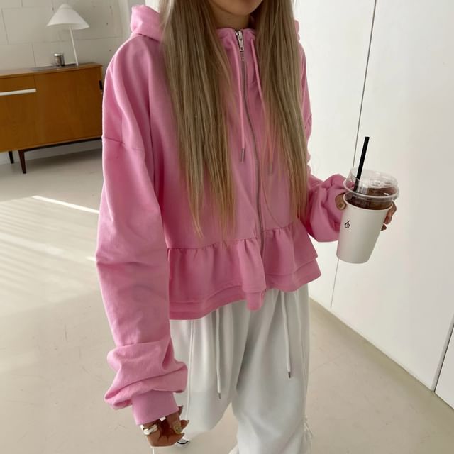 SeoulPop-Long-Sleeve Plain Ruffle Hooded Jacket