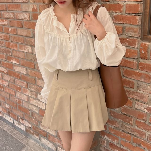 SeoulPop-Long-Sleeve Plain Ruffled-Trim Button Top