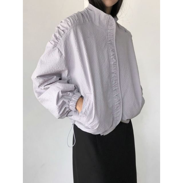 SeoulPop-Long-Sleeve Plain Textured Zip-Up Drawstring Jacket