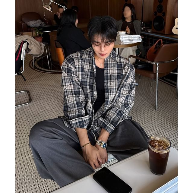 SeoulPop-Long-Sleeve Quilted Argyle Shacket