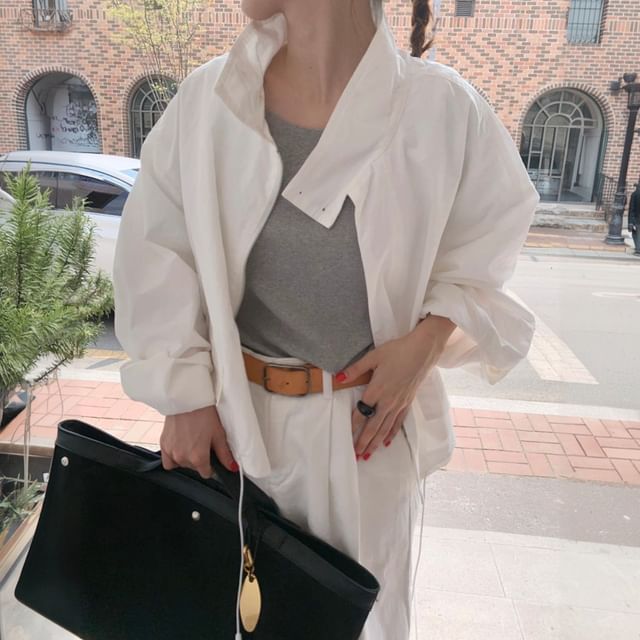 SeoulPop-Long-Sleeve Stand-Collar Plain Drawstring Zip Jacket
