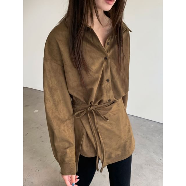 SeoulPop-Long-Sleeve Suede Wrap Shirt