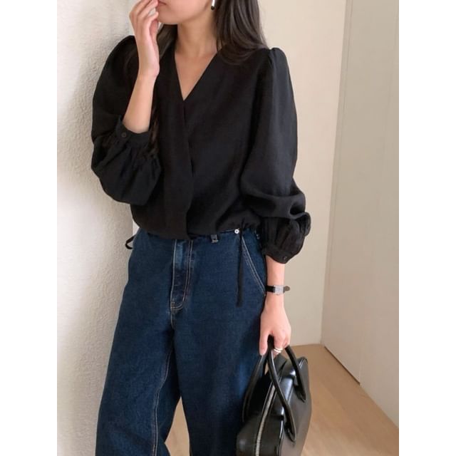 SeoulPop-Long-Sleeve V-Neck Plain Drawstring Wrap Top