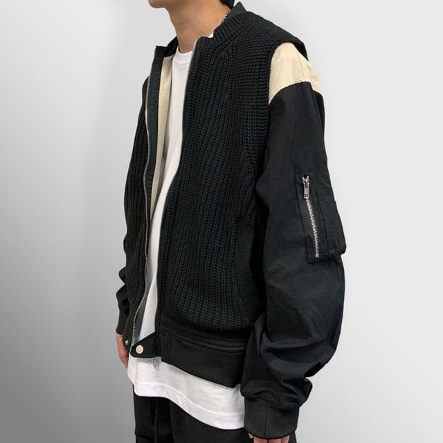 SeoulPop-Mock Two-Piece Color Block Knit Panel Zip-Up Baseball Jacket